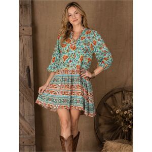 Vintage Collection Rayon Teal Orange Floral Shift Dress Sz S Boho Western Spring